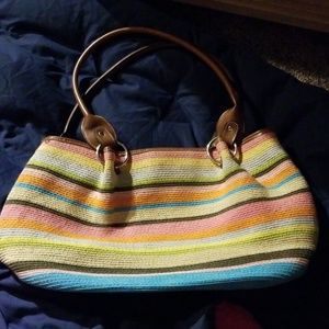Multi-colored summer bag w/ leather shoulder strap